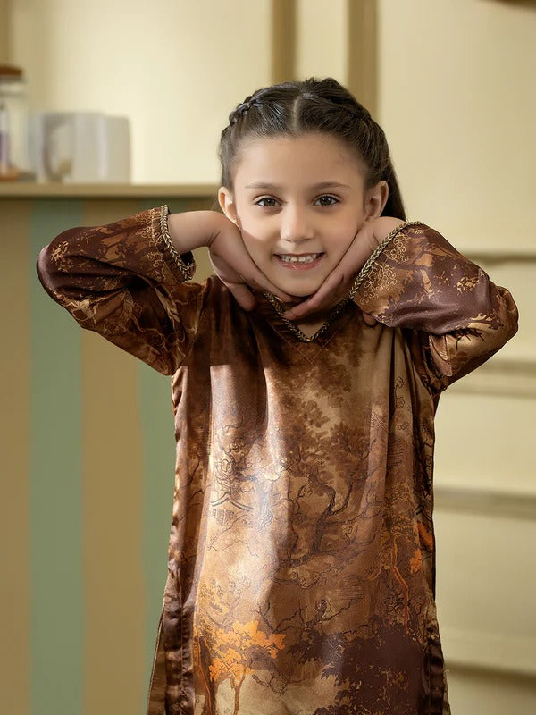 Girl in brown silk dress, playful pose