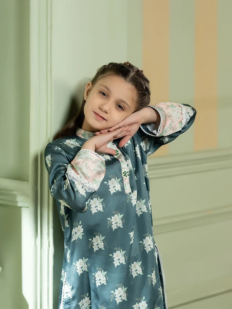 Rangreza Girl Silk 2 Piece in blue with floral print, traditional girl's clothing for casual wear