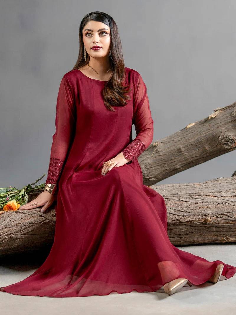 Maroon chiffon dress with embroidered sleeves for women