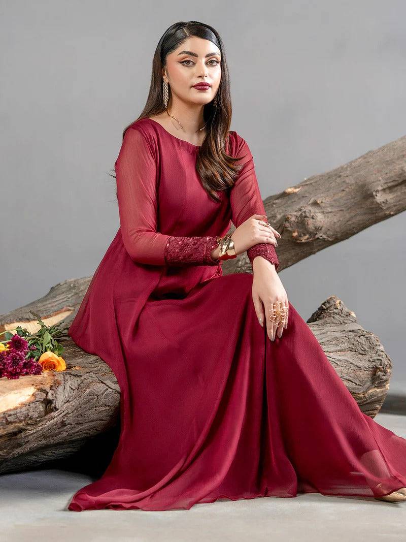 Rangreza Chiffon 2 Piece maroon dress with flared top and straight trouser for women