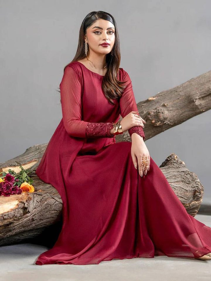 Rangreza Chiffon 2 Piece maroon dress with flared top and straight trouser for women