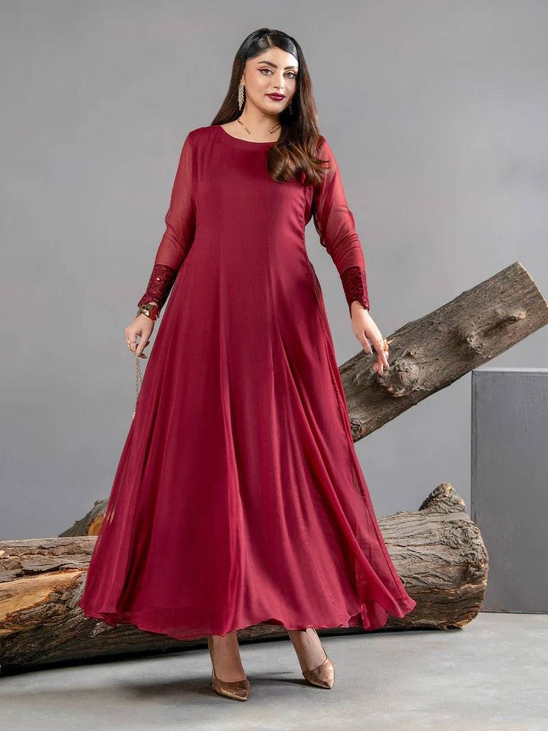 Maroon chiffon gown with sheer sleeves and embroidery