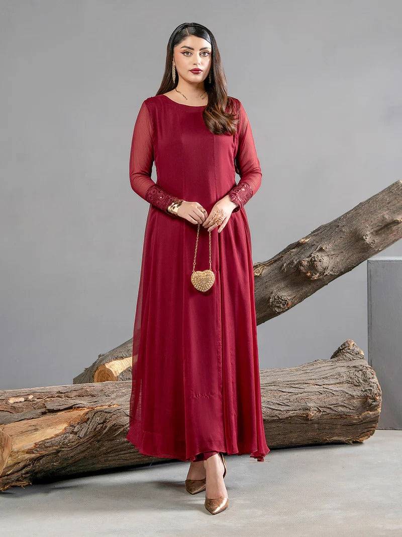 Front view of maroon chiffon dress with sheer sleeves