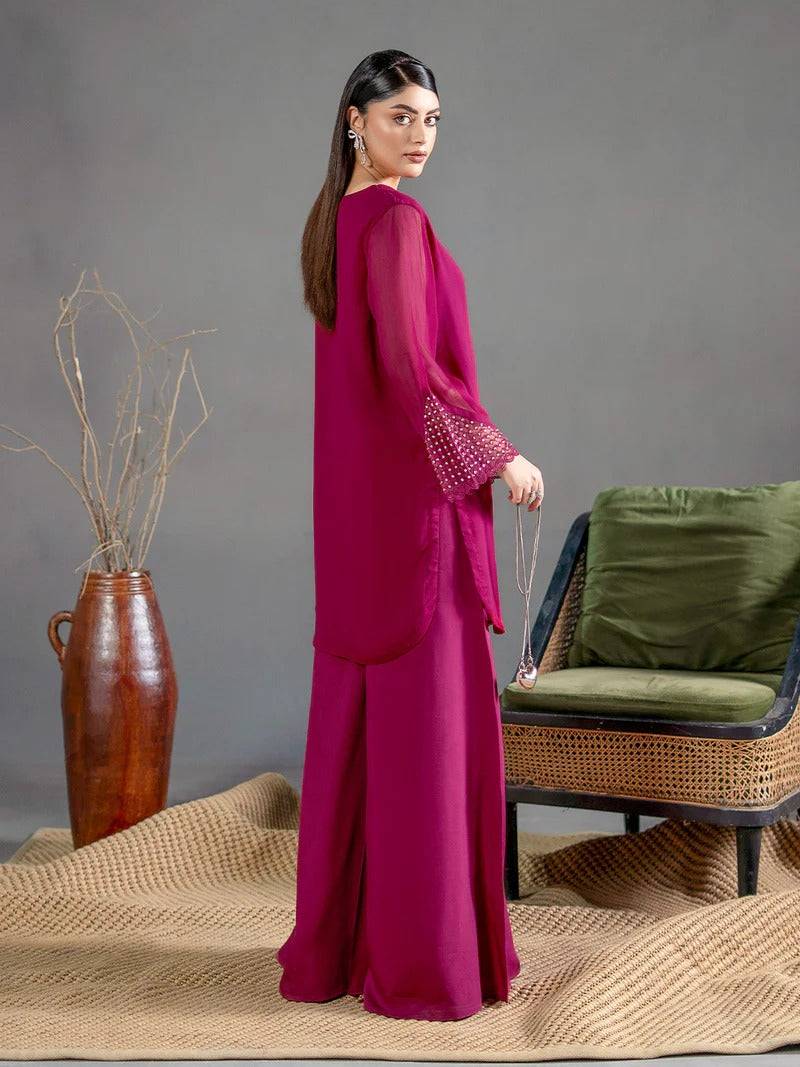 Magenta chiffon 2-piece outfit with embroidered crystal sleeves for women