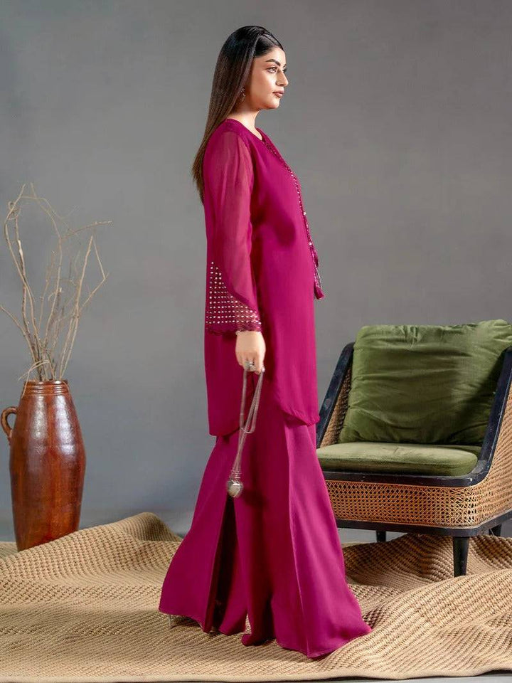 Magenta chiffon 2-piece kurta and palazzo set with embroidered sleeves for women