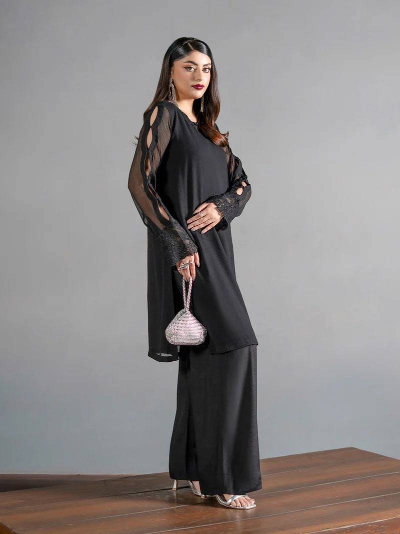 Elegant black kurta with sheer sleeves and matching palazzo for women