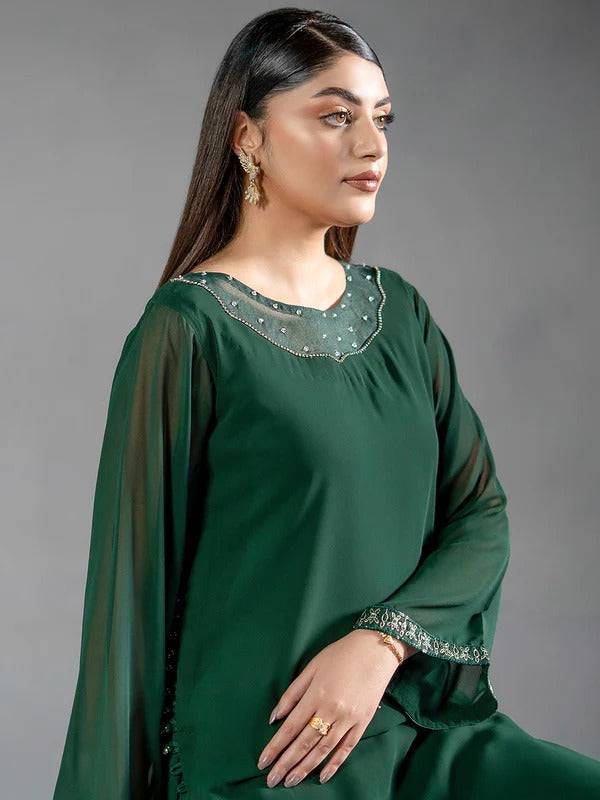 Elegant green chiffon top with embellished neckline and sheer sleeves