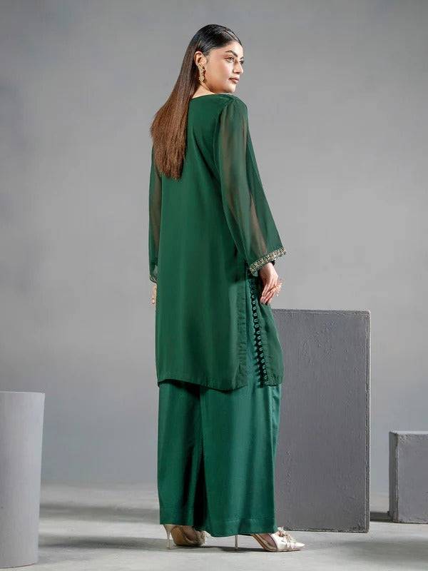 Back view of green chiffon 2-piece with embroidered sleeves and wide-leg trousers for women