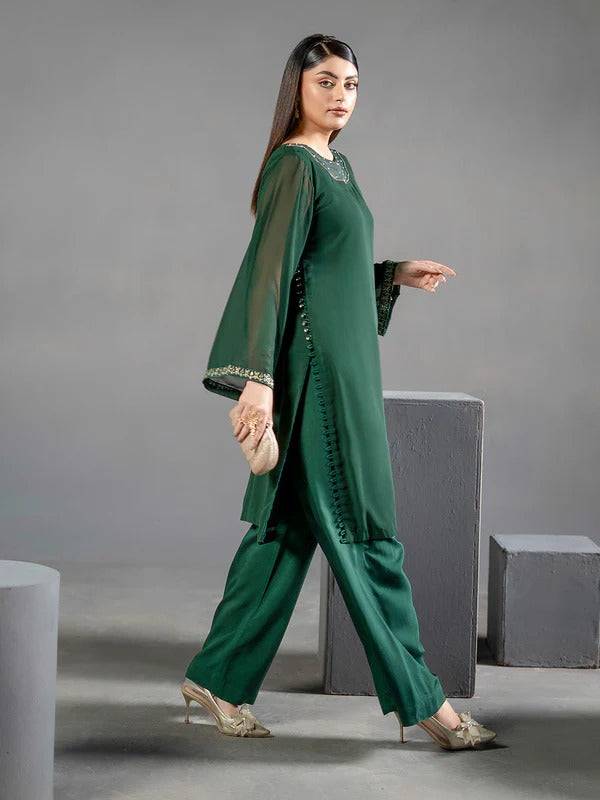 Elegant green chiffon kurta with embroidered sleeves and matching wide-leg trousers for women