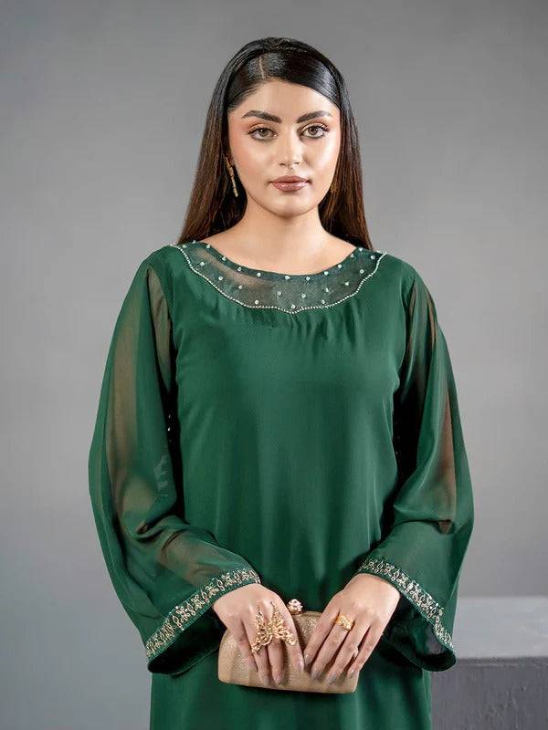 Front view of green chiffon kurta with embroidered neckline and sleeves, paired with wide-leg trousers