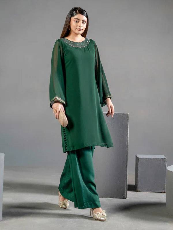 Side view of green chiffon 2-piece with embroidered details and wide-leg trousers for women