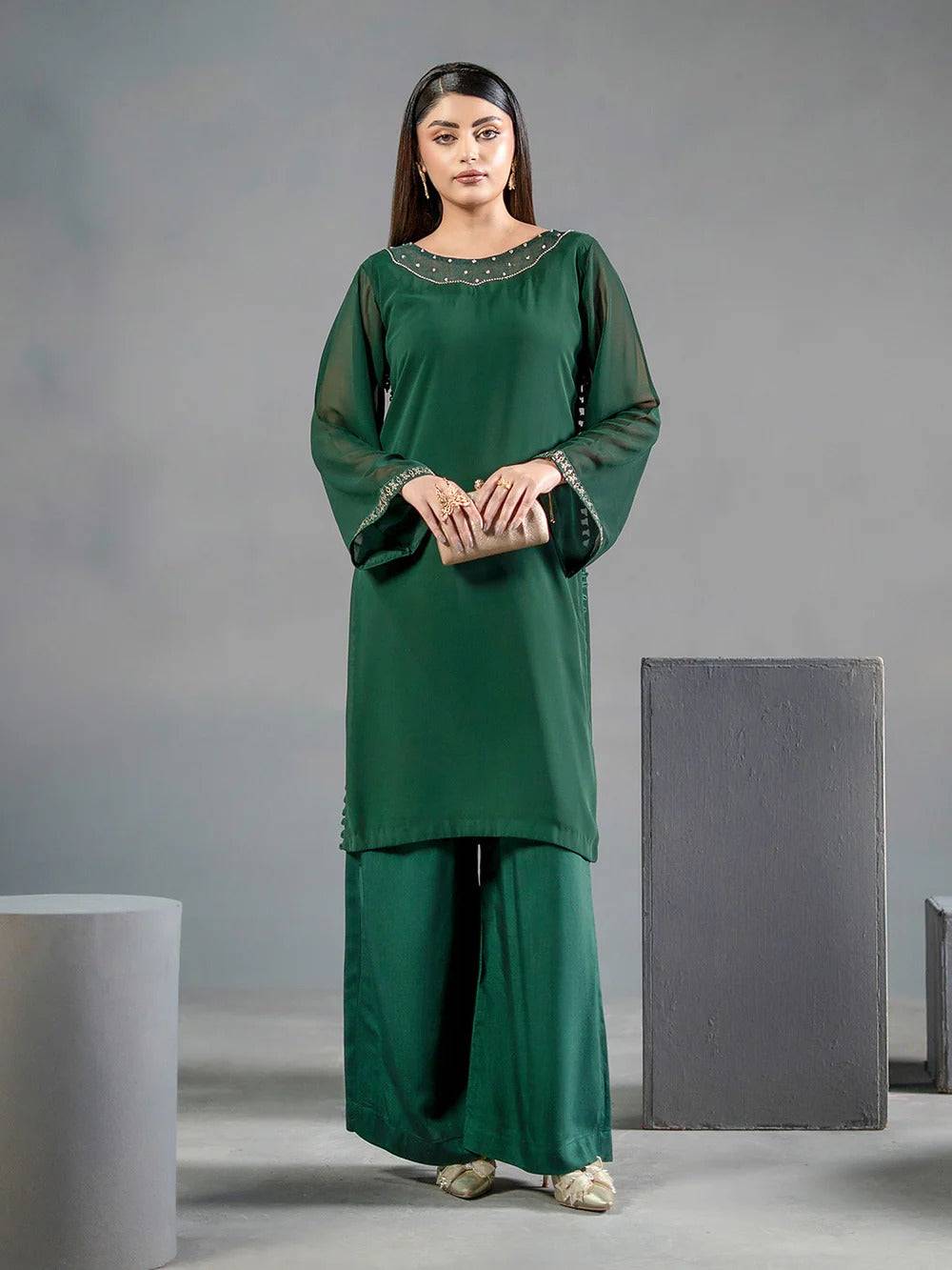 Green chiffon 2-piece outfit with embroidered details, long sleeves, and wide-leg trousers for women