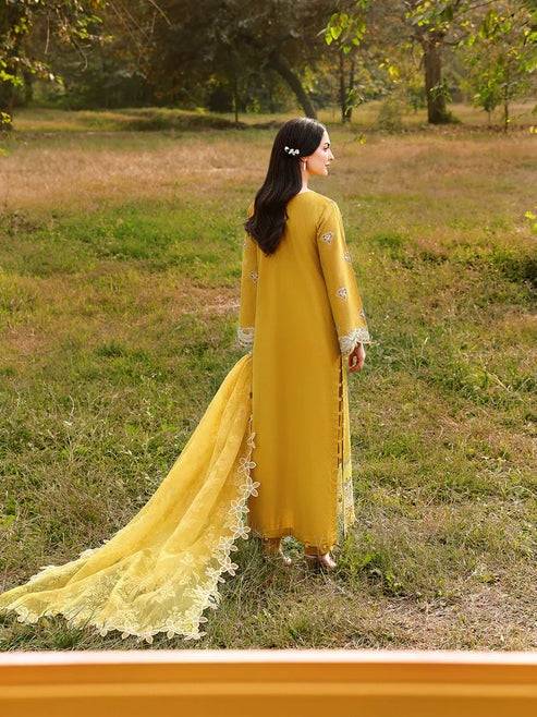 Back view of yellow embroidered kurta with matching dupatta