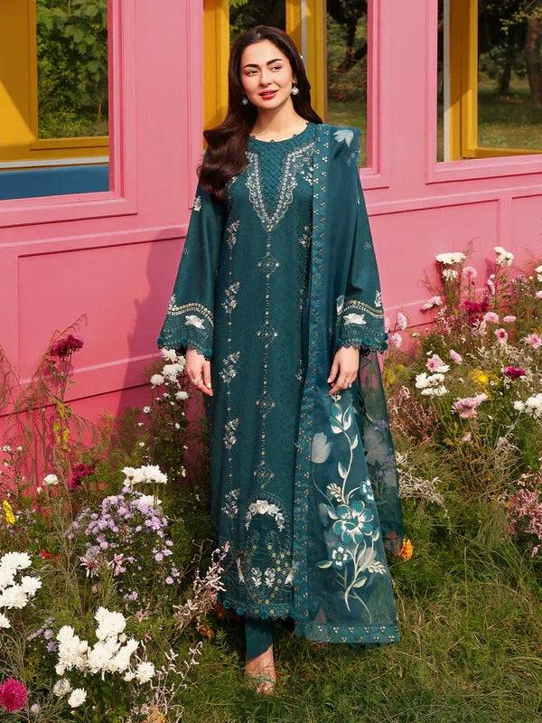 Teal embroidered kurta with floral dupatta and matching bottom