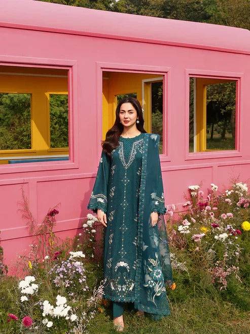 Teal embroidered kurta with floral dupatta and matching bottom
