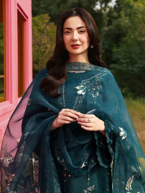 Teal embroidered kurta with dupatta and long sleeves