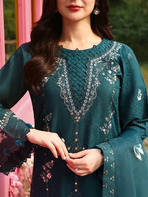 Teal embroidered kurta with intricate neckline and long sleeves