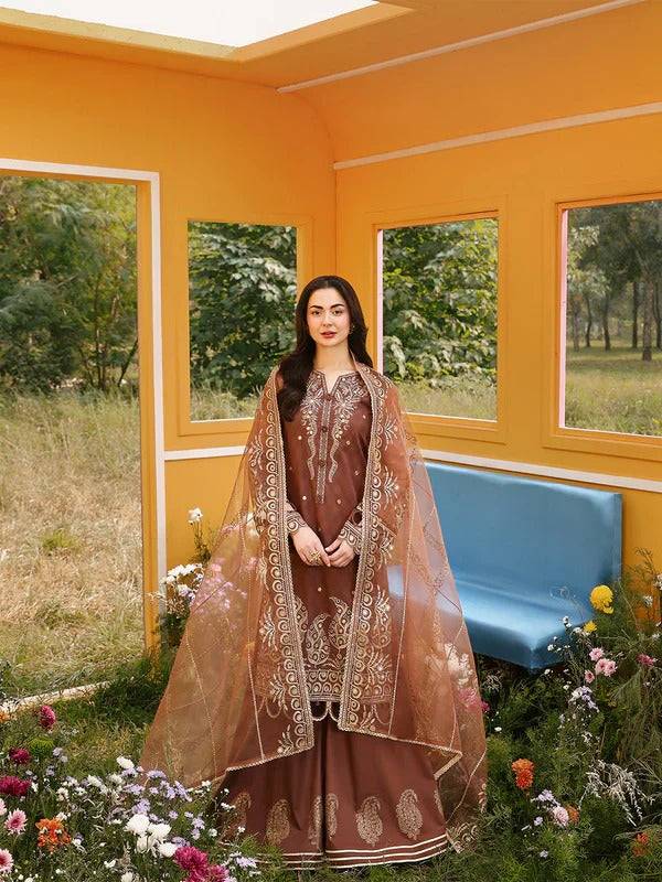 Brown embroidered traditional dress with sheer dupatta in a vibrant yellow room with large windows and colorful flowers