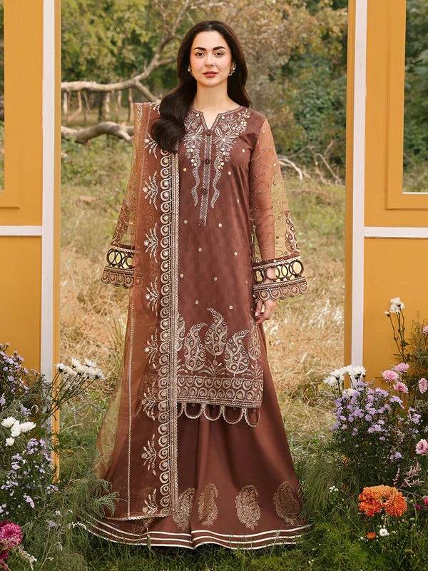 RANGREZA JANAN CINNAMON brown embroidered sharara suit with organza dupatta for festive wear