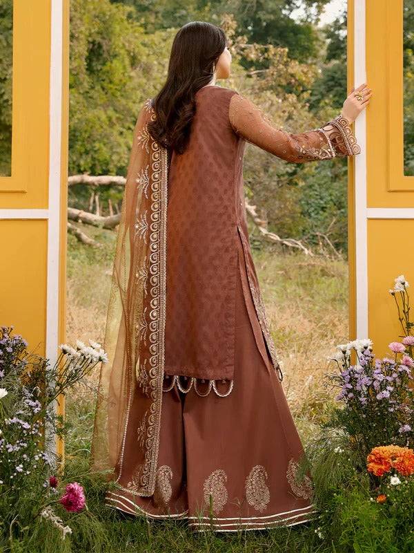 Back view of RANGREZA JANAN CINNAMON brown embroidered sharara suit with organza dupatta