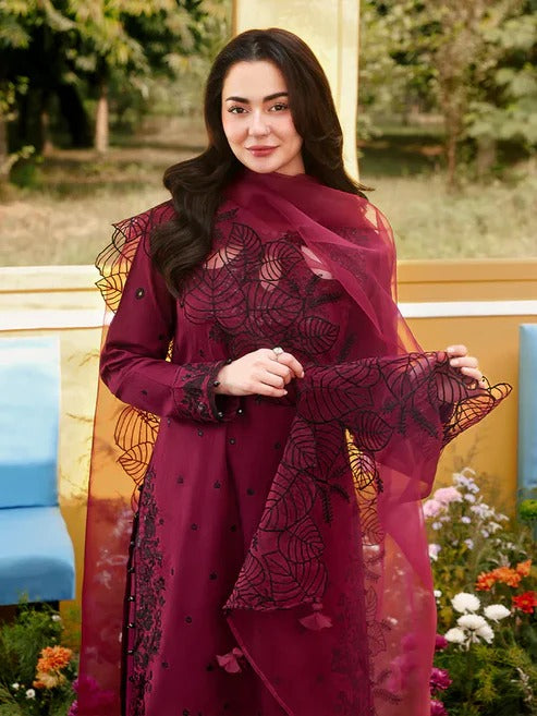 Maroon embroidered kurta with leaf pattern and matching dupatta, festive wear
