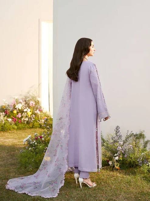 Back view of lilac embroidered traditional dress with dupatta and trousers for women