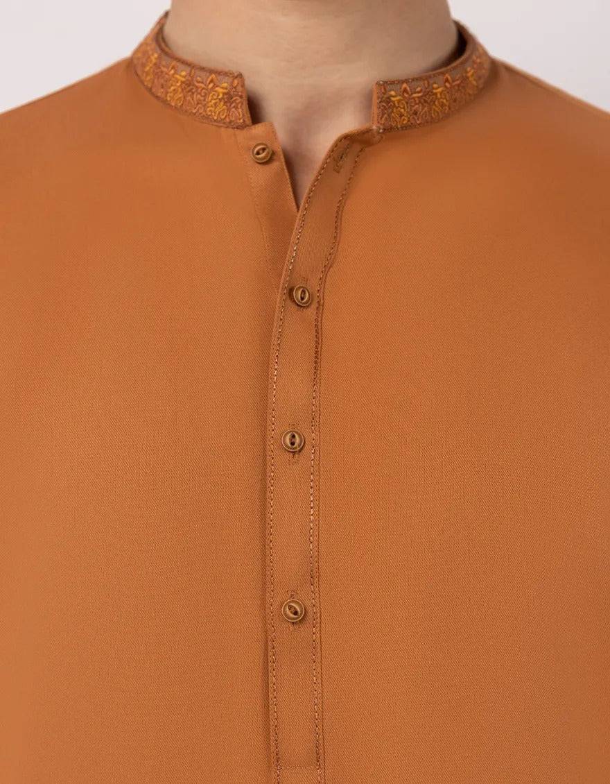 Orange semi-formal kurta with embroidered collar and button placket