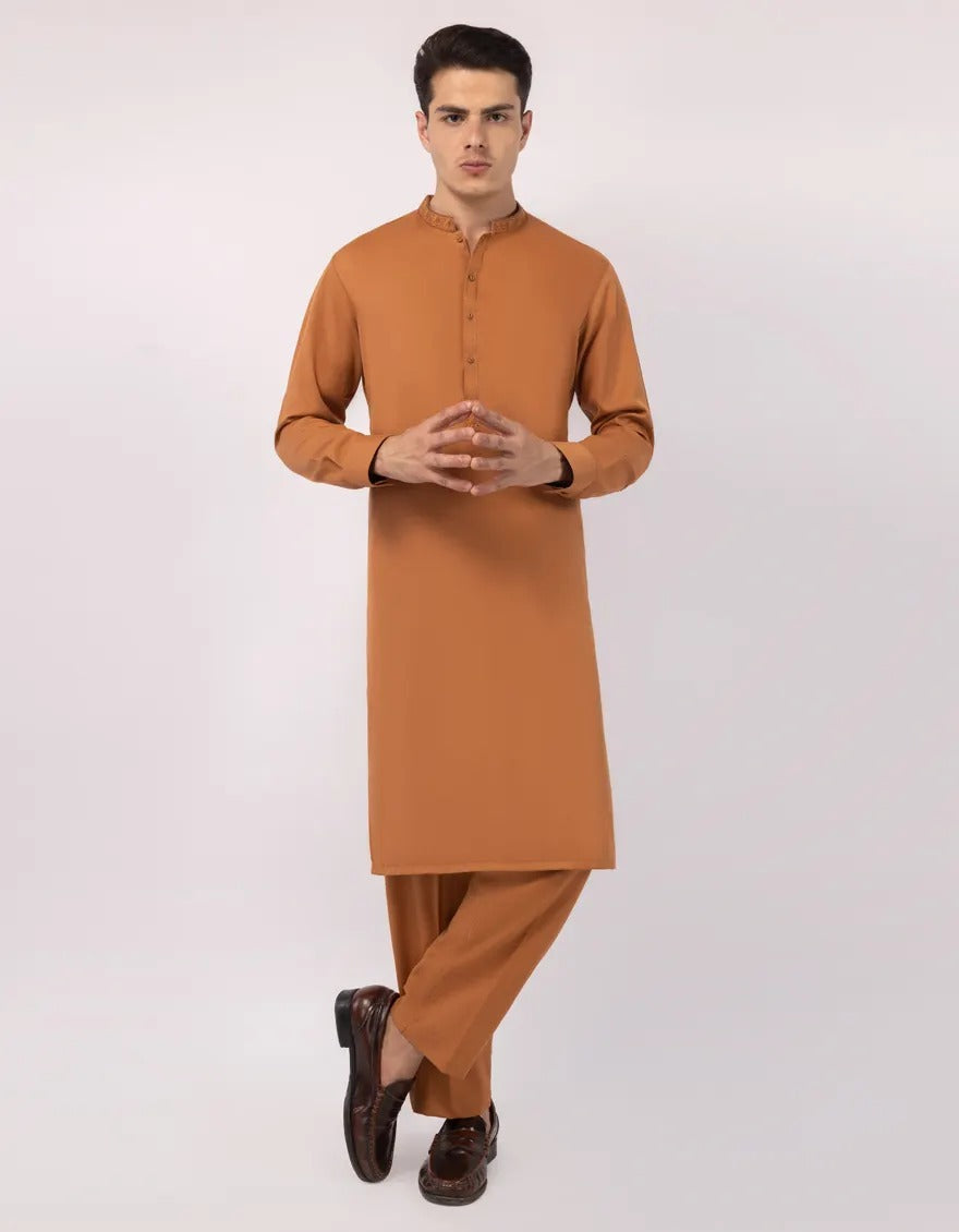Orange semi-formal kurta trousers with embroidered collar and button placket