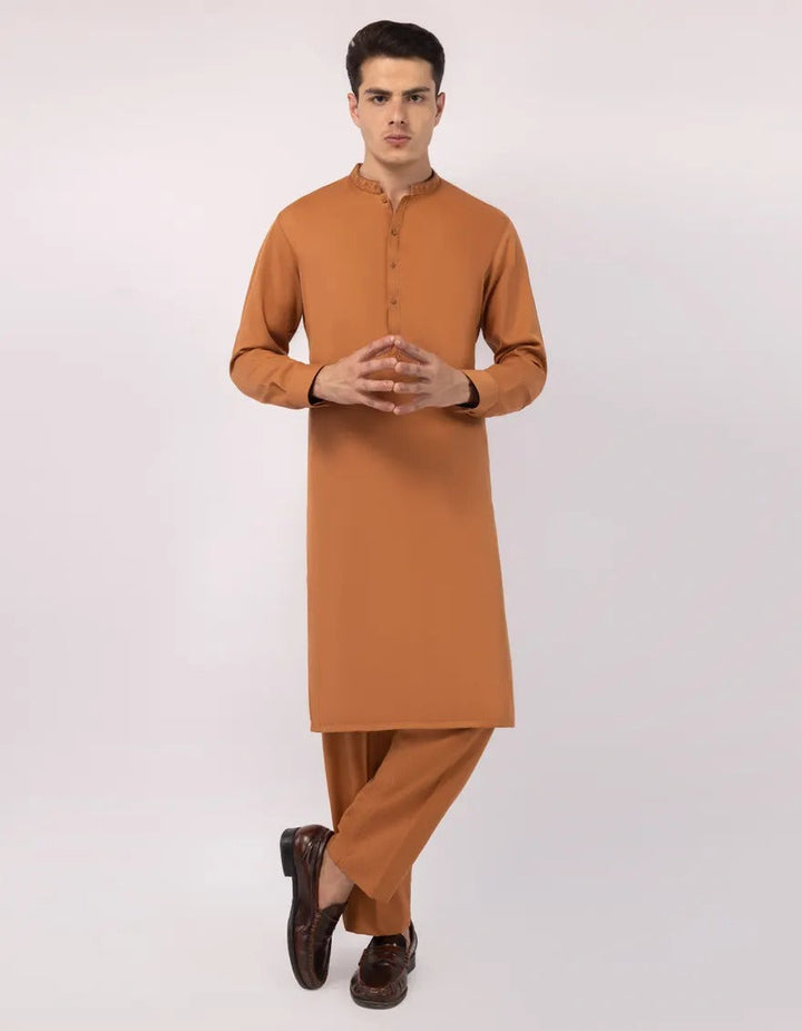 Orange semi-formal kurta trousers with embroidered collar and button placket