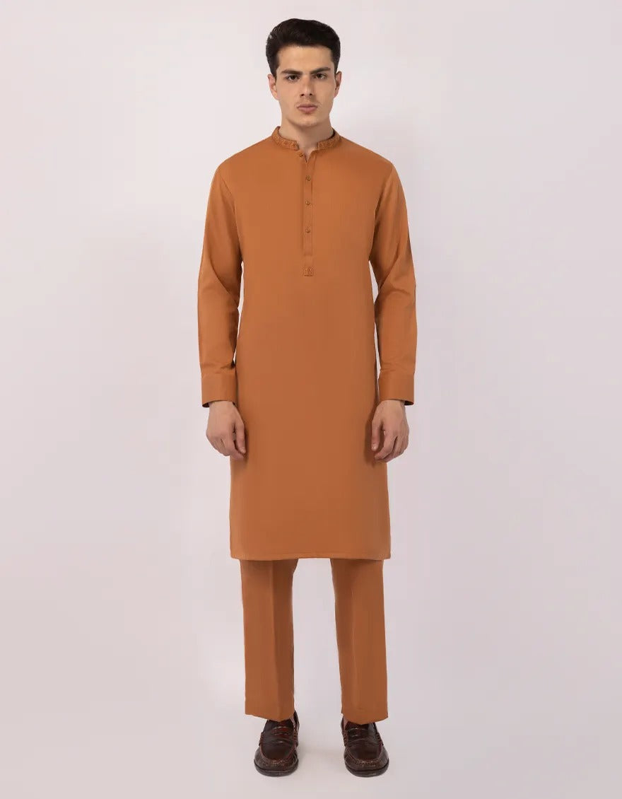 Front view of orange kurta with matching trousers, traditional attire for men