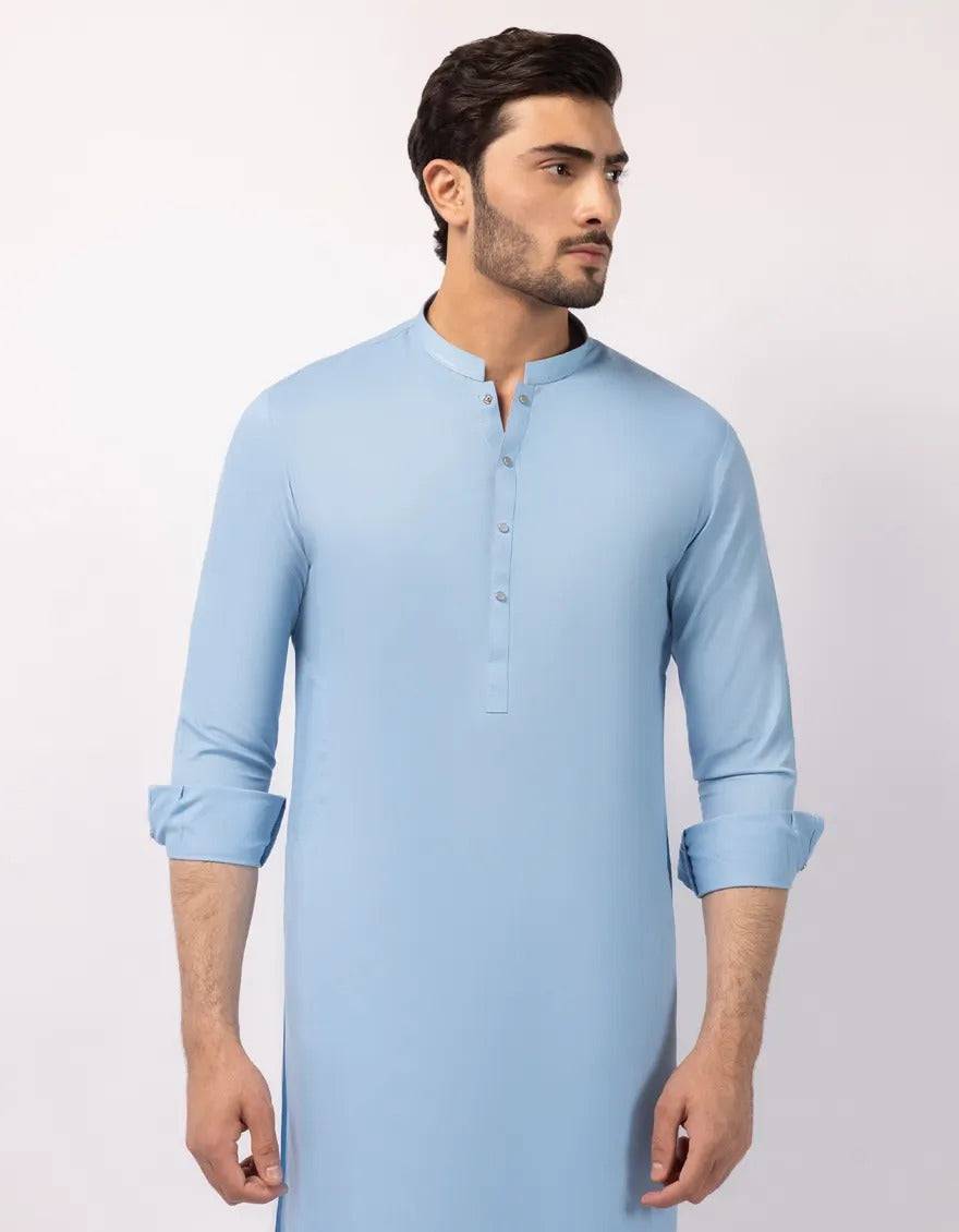 Close-up of men's sky blue kurta with button placket
