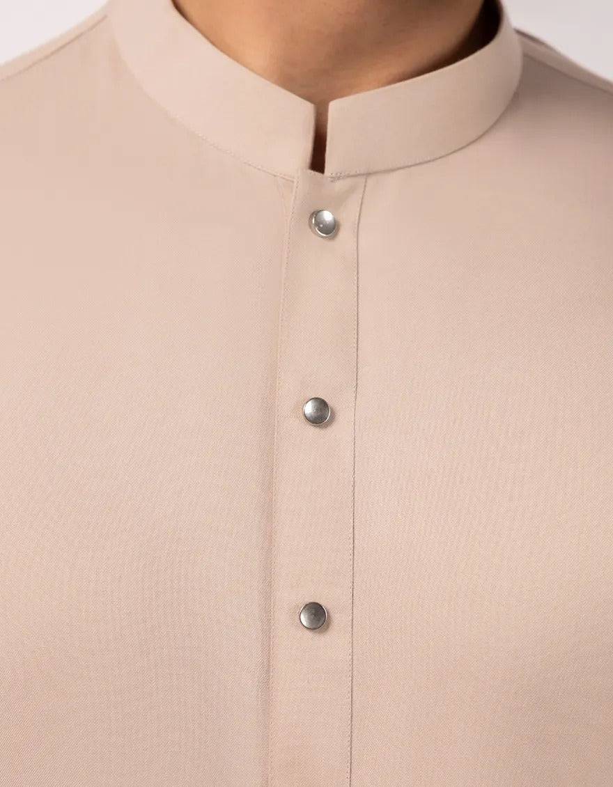 Beige casual band collar kameez shalwar with snap buttons