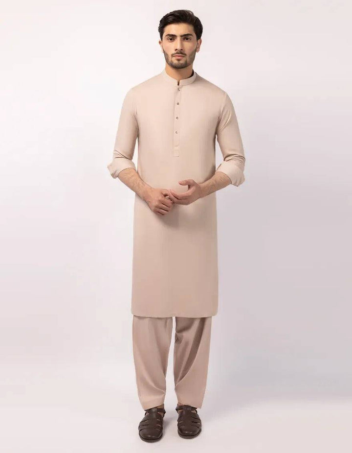 Beige casual kurta with band collar and button placket for men