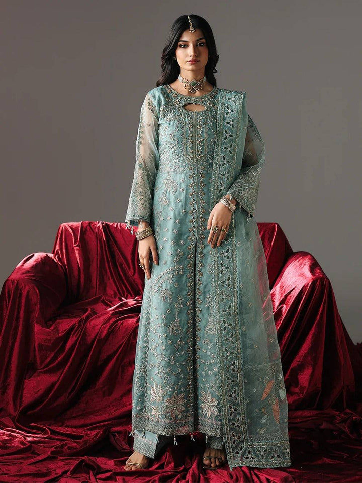 Frost blue embroidered traditional dress with dupatta and jewelry