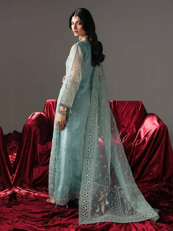 Back view of frost blue embroidered dress with sheer dupatta