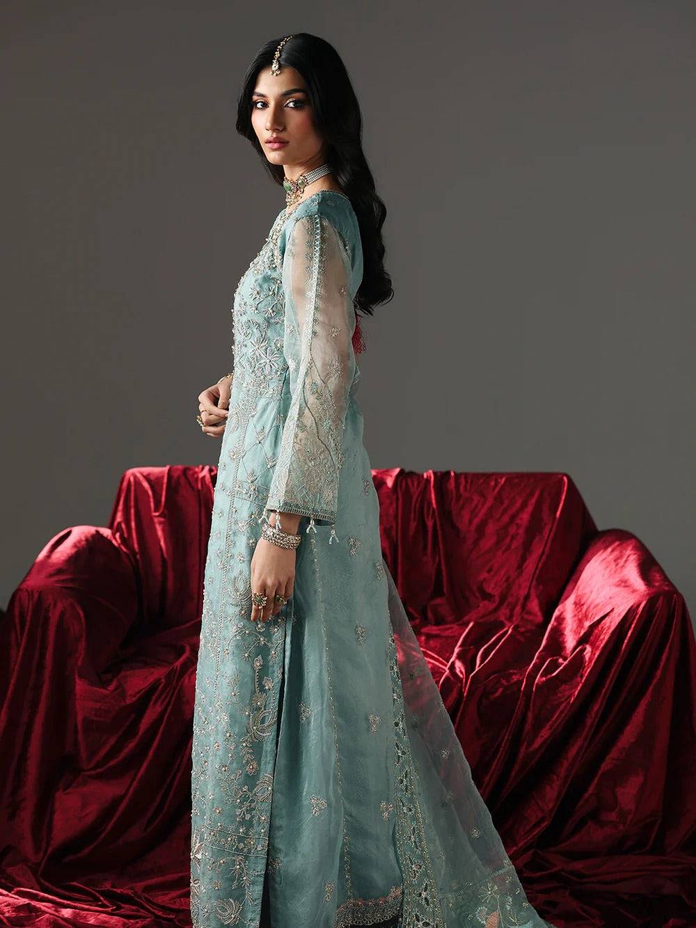 Frost blue embroidered traditional dress with dupatta and shirt bottom for festive wear