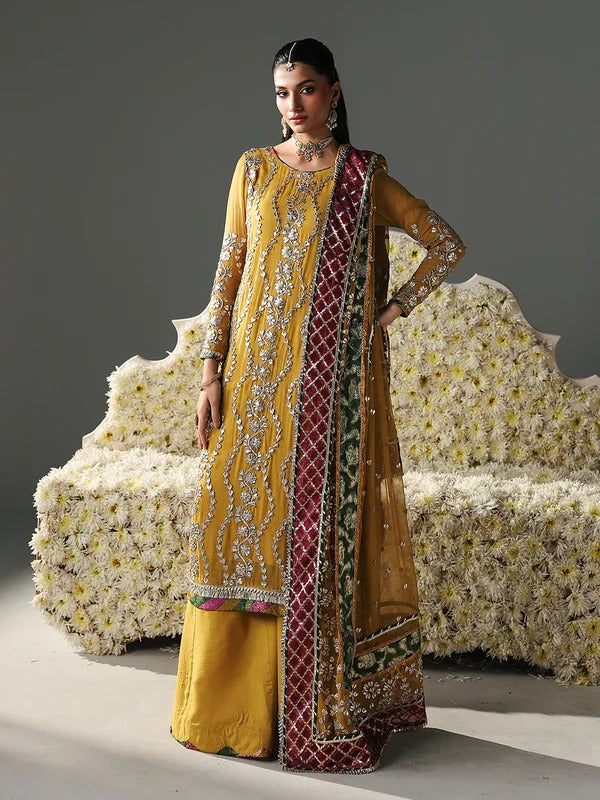 Model in yellow embroidered sharara suit with dupatta, festive wear, apparel and accessories
