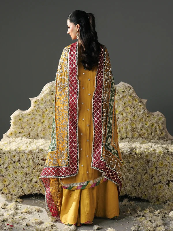 Back view of yellow embroidered sharara suit with dupatta, festive attire, clothing category