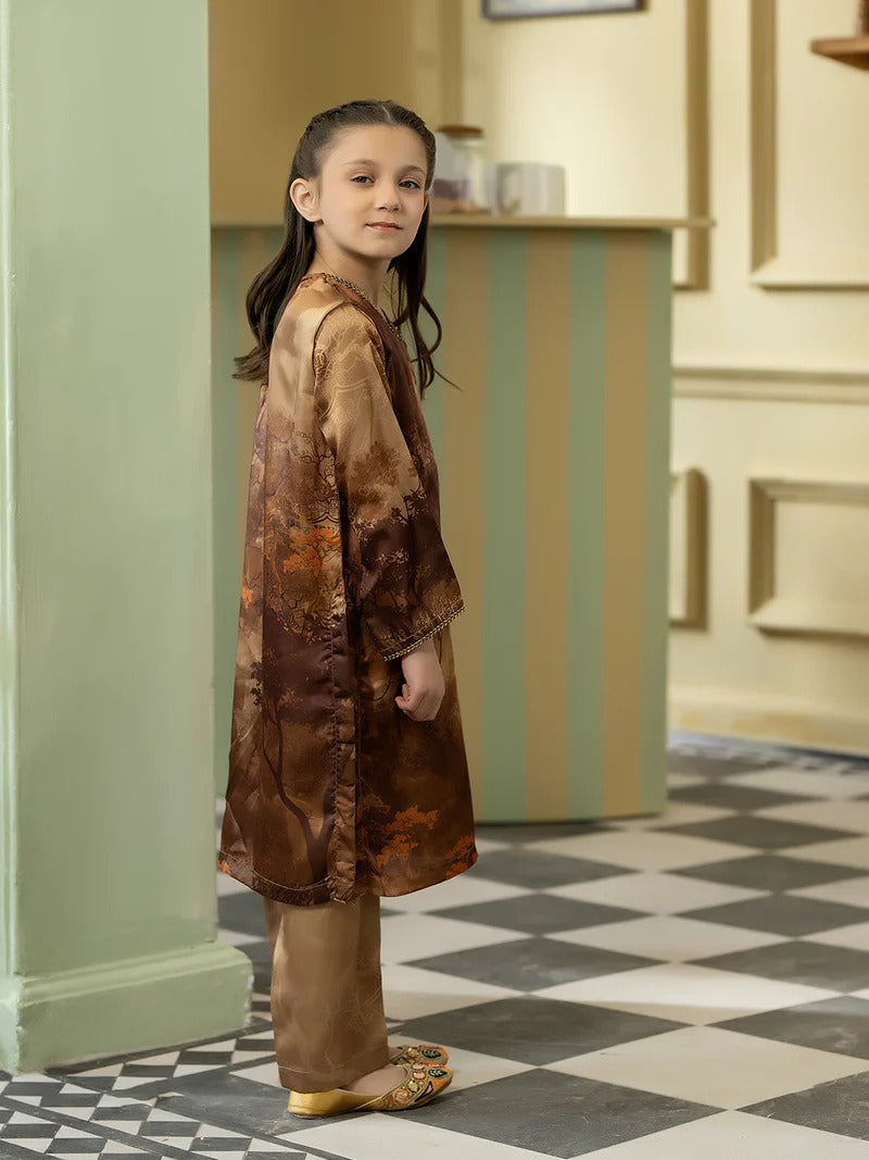 Girl in brown silk dress, side view
