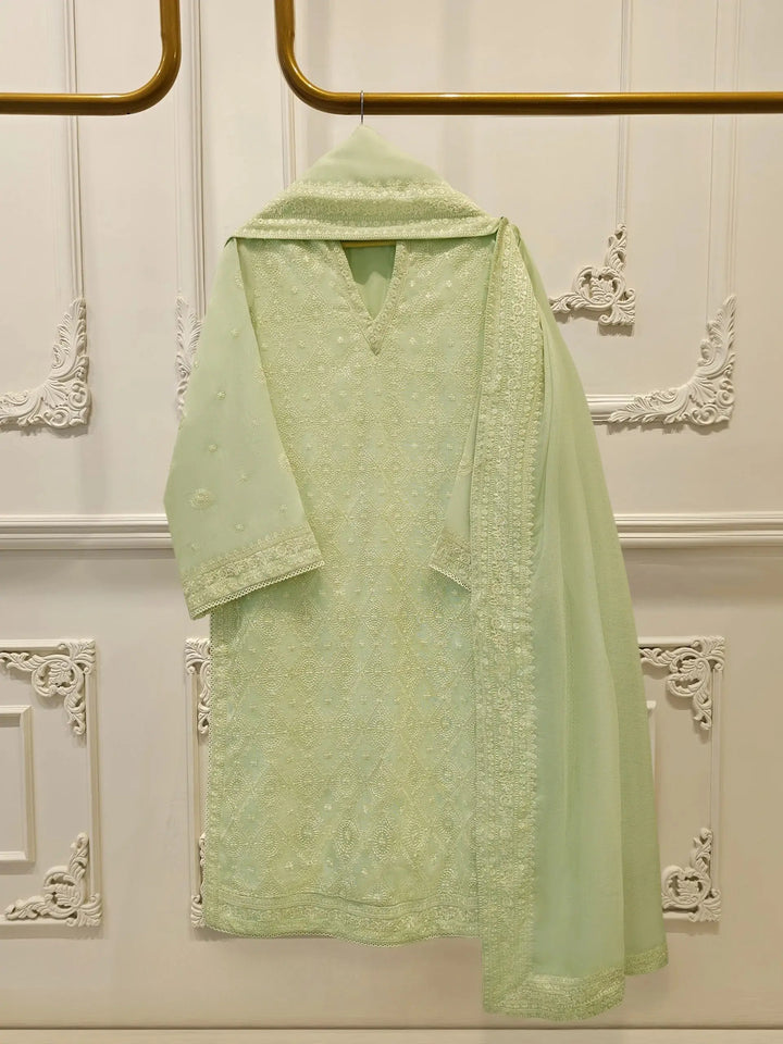 Light green embroidered dress with matching dupatta on a decorative white wall