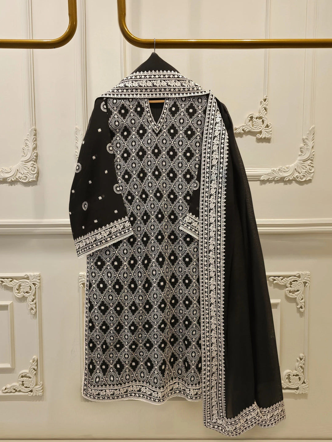 3 Piece Pure Embroidered Cotton Net Suit