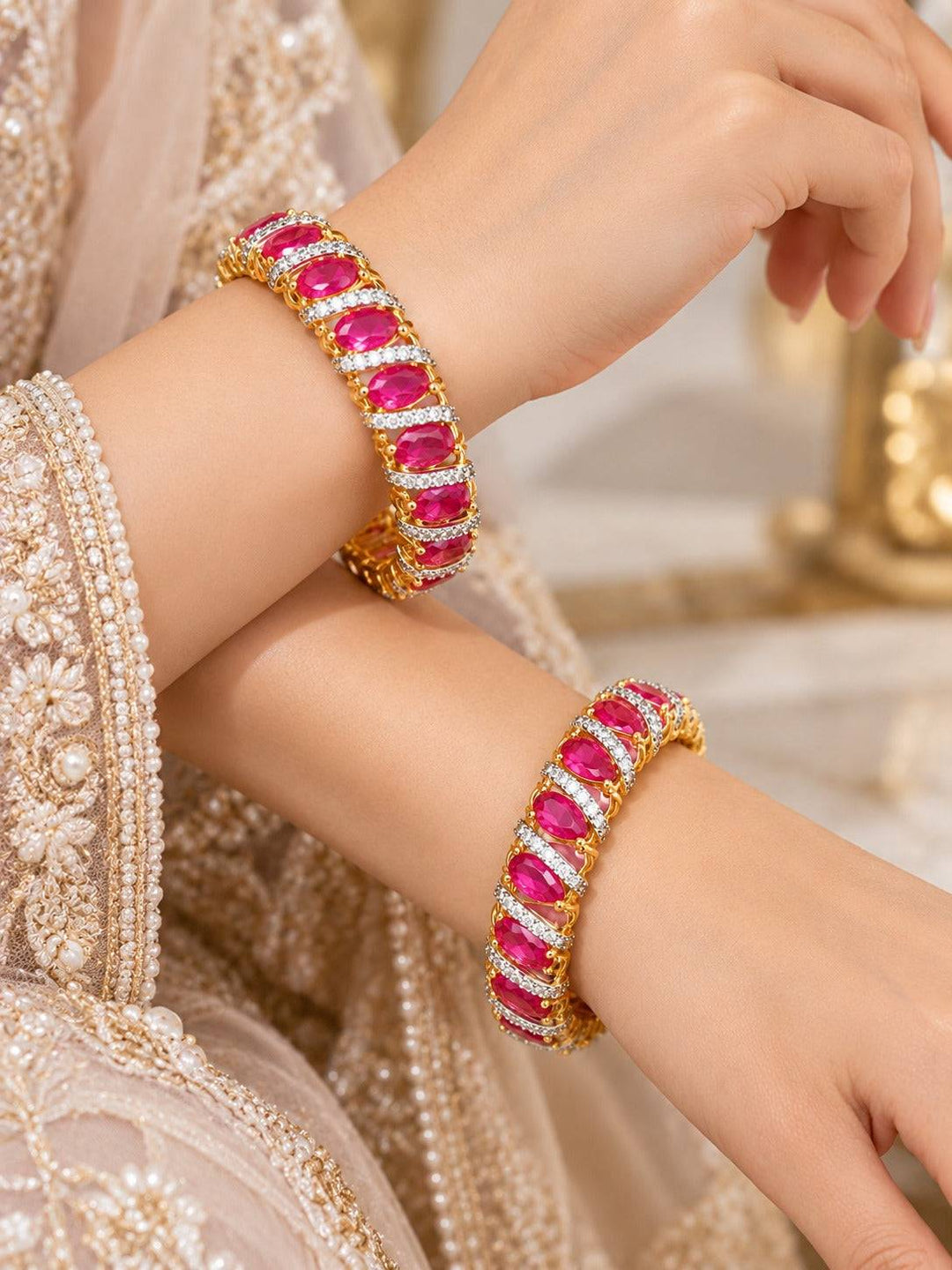Pink Oval Stone Bangles with Clear Accents in Gold Tone | GG-05