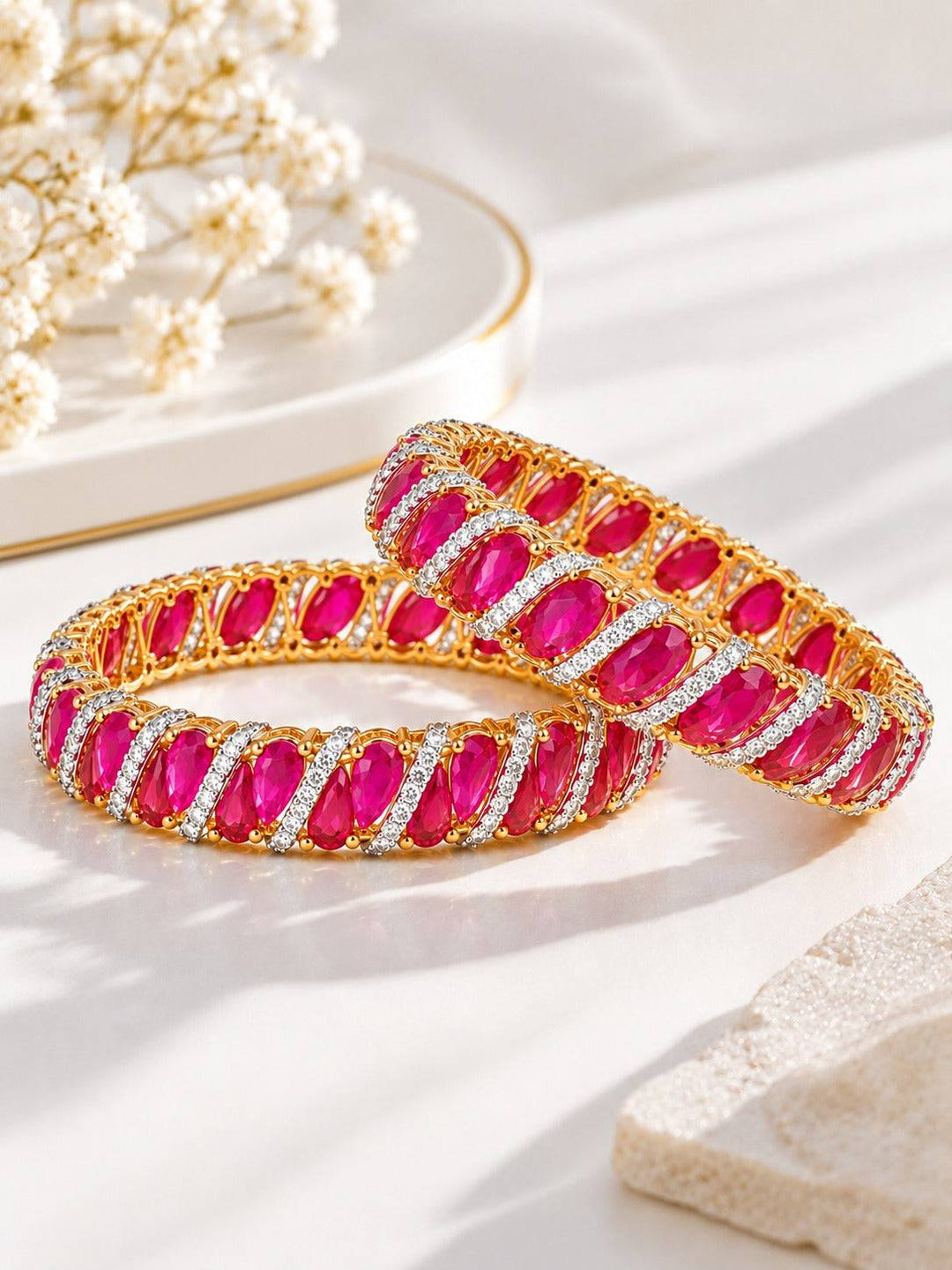 Pink Oval Stone Bangles with Clear Accents in Gold Tone | GG-05