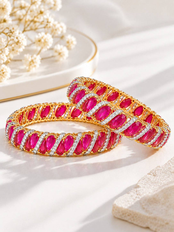 Pink Oval Stone Bangles with Clear Accents in Gold Tone | GG-05