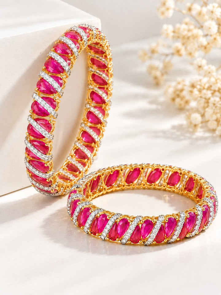 Pink Oval Stone Bangles with Clear Accents in Gold Tone | GG-05