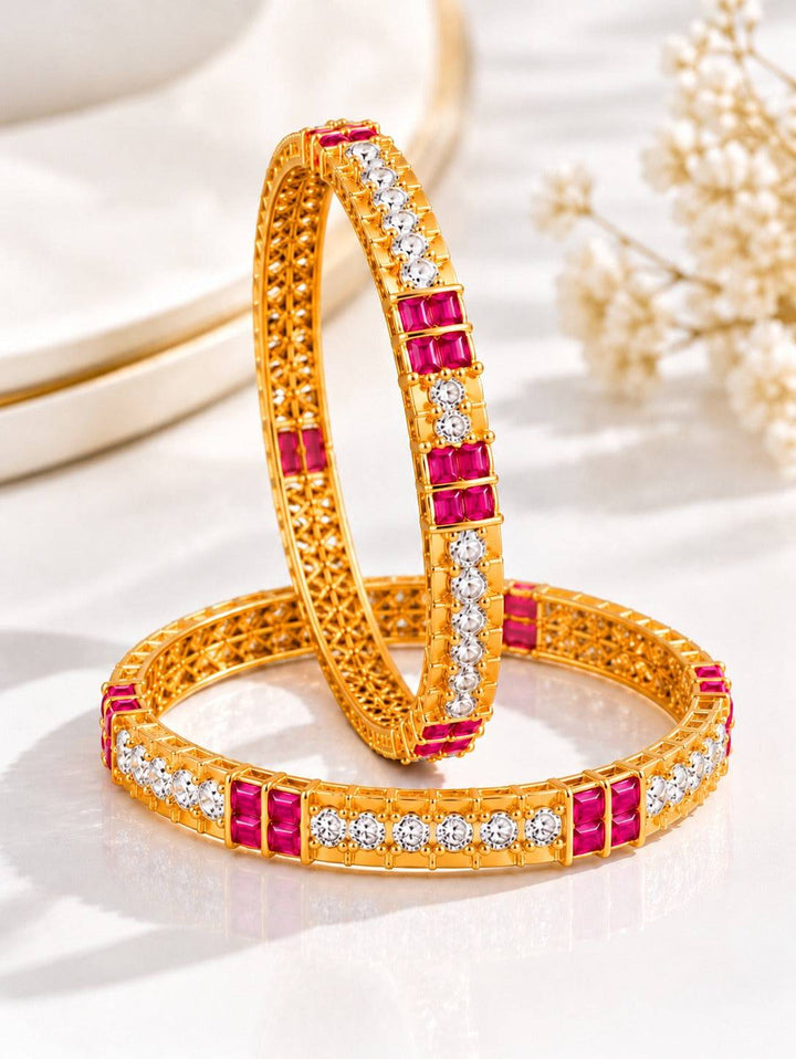Pink and Clear Stone Bangles with Rectangular Accents in Gold Tone | GG-07