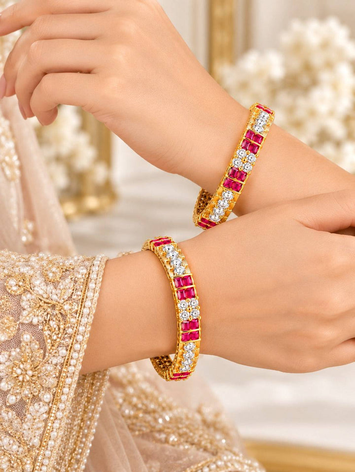 Pink and Clear Stone Bangles with Rectangular Accents in Gold Tone | GG-07