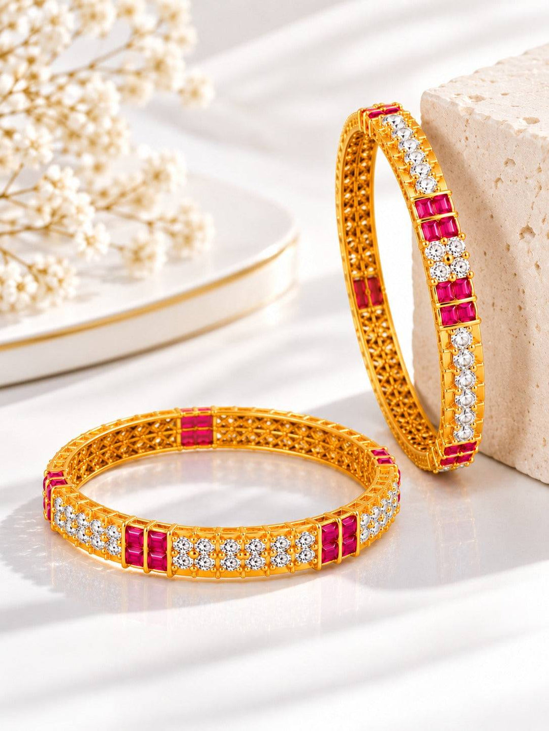 Pink and Clear Stone Bangles with Rectangular Accents in Gold Tone | GG-07