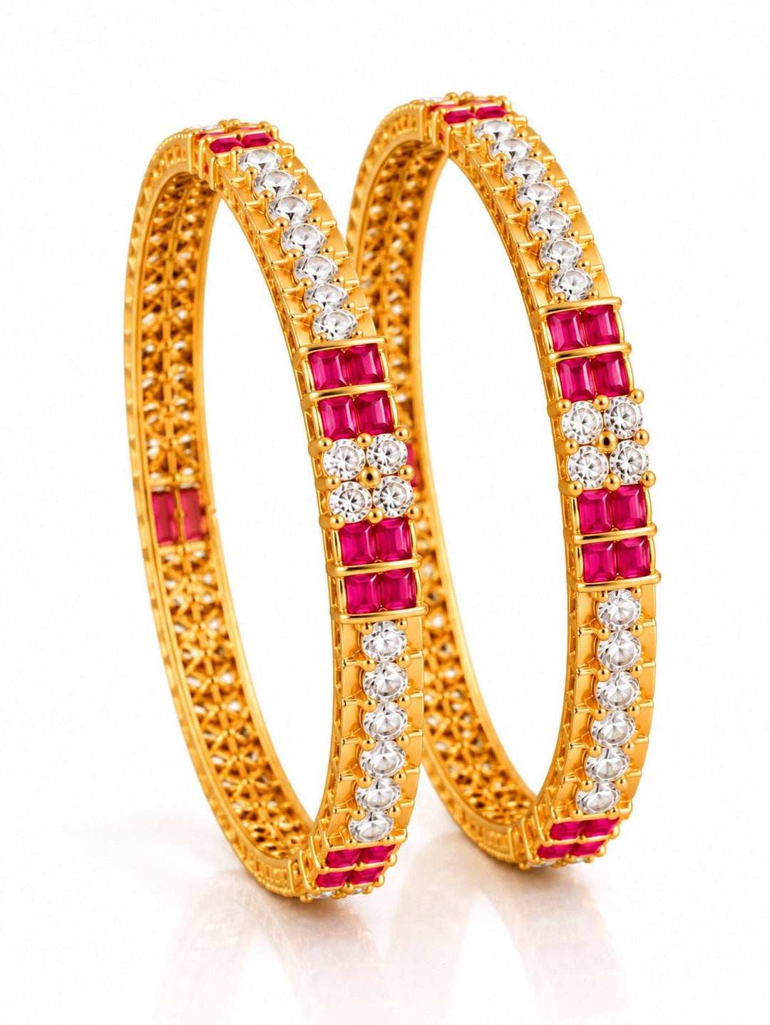 Pink and Clear Stone Bangles with Rectangular Accents in Gold Tone | GG-07