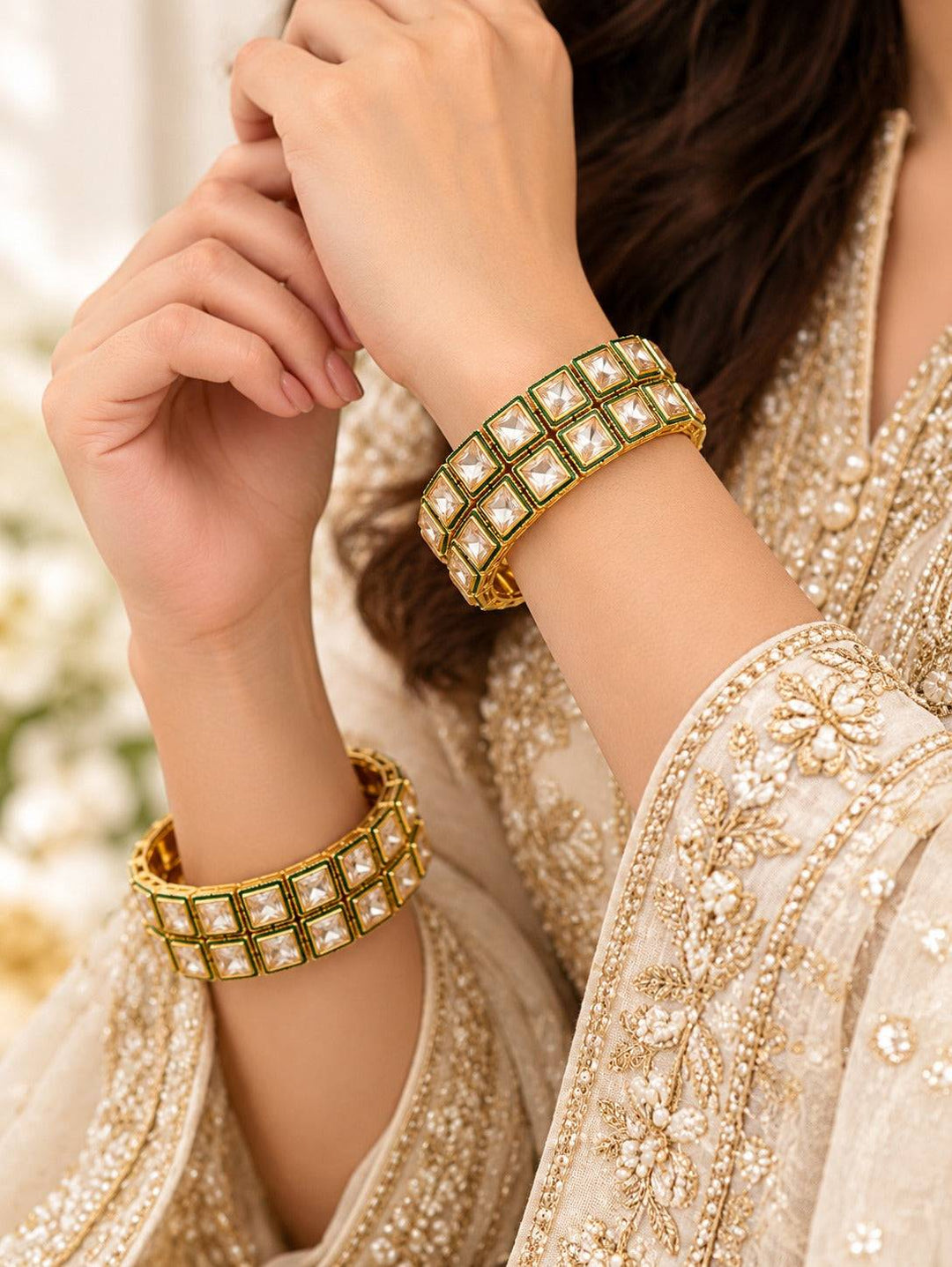 Polki Kundan Bangles with Green Borders | GG-09